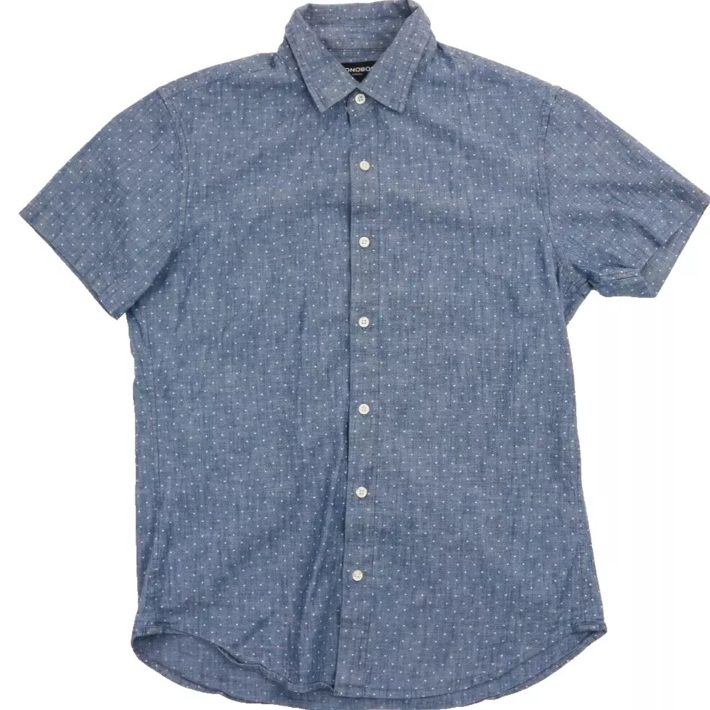Bonobos Mens Tailored Slim Fit Polka Dot Blue Chambray Shirt. Medium Short.